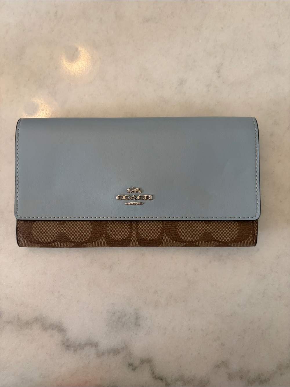 Coach Light Blue Leather & Brown Signature Continental Wallet